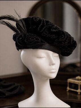 Stunning Elegant Vintage Elegant Black Beret painters Hat-with feathers